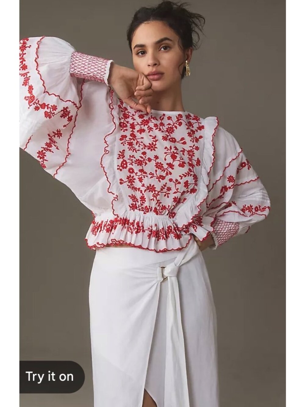 Farm rio off white and red long sleeve embroidered blouse